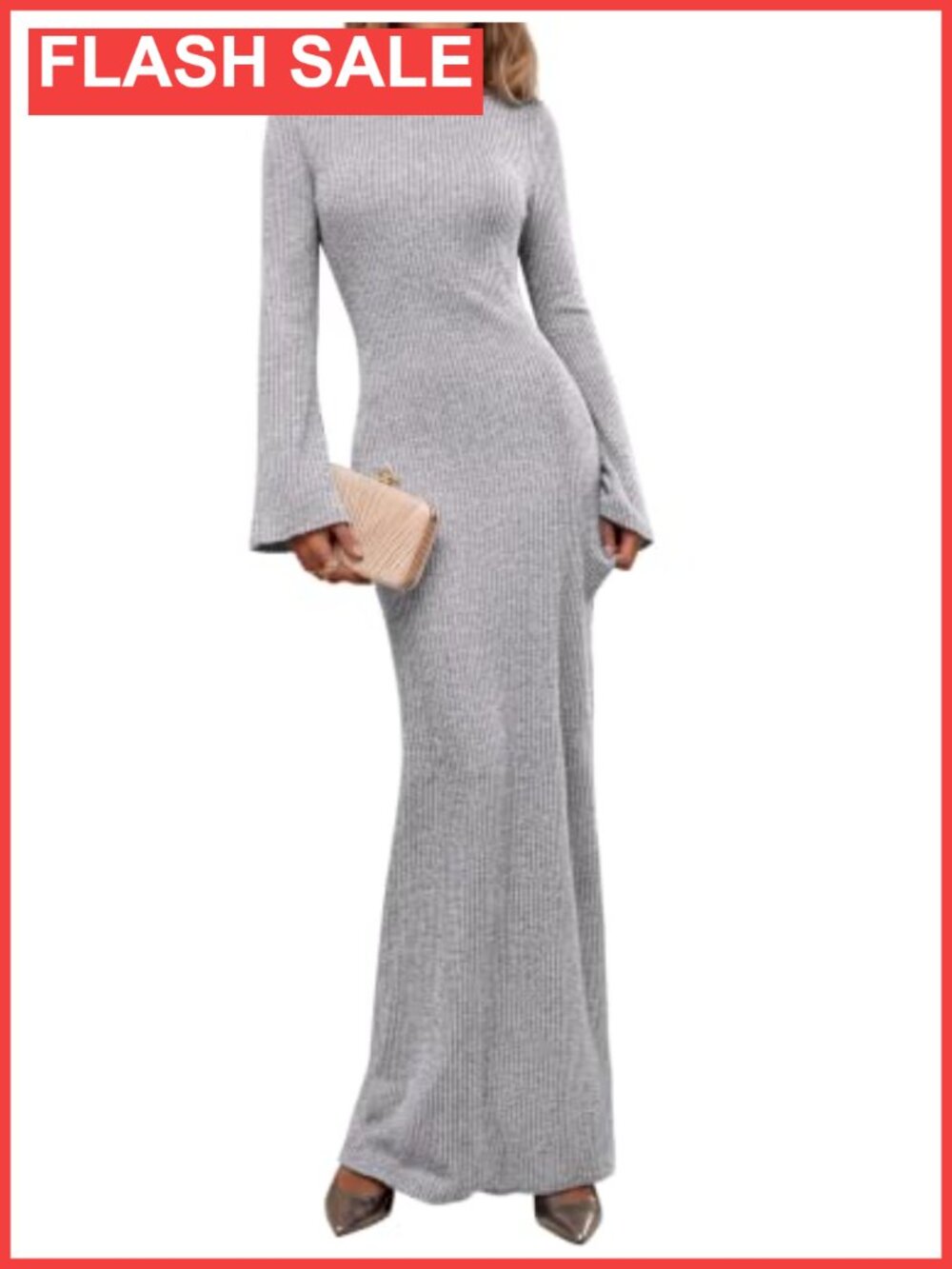 Ribbed Knit Long Sleeve Bodycon Maxi Dress Bell Sleeve Mermaid Hem